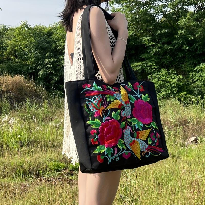 Vintage Bird & Flower Embroidery Shoulder Bag Large Capacity Handbag