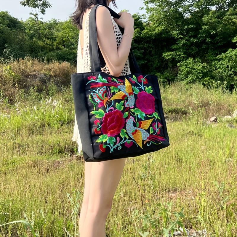 Vintage Bird & Flower Embroidery Shoulder Bag Large Capacity Handbag