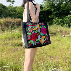 Vintage Bird & Flower Embroidery Shoulder Bag Large Capacity Handbag