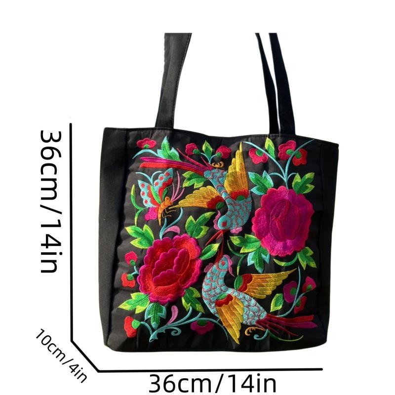 Vintage Bird & Flower Embroidery Shoulder Bag Large Capacity Handbag