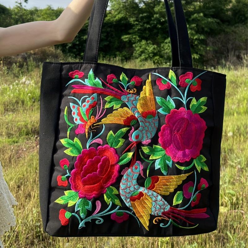 Vintage Bird & Flower Embroidery Shoulder Bag Large Capacity Handbag