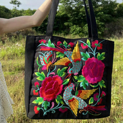 Vintage Bird & Flower Embroidery Shoulder Bag Large Capacity Handbag