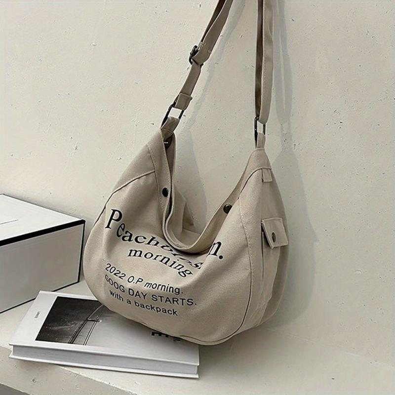 Canvas Hobo Bag Casual Letter Print Shoulder Bag Large Capacity