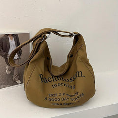 Canvas Hobo Bag Casual Letter Print Shoulder Bag Large Capacity