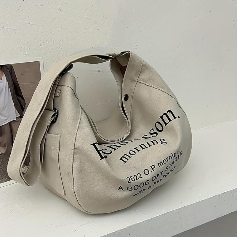 Canvas Hobo Bag Casual Letter Print Shoulder Bag Large Capacity