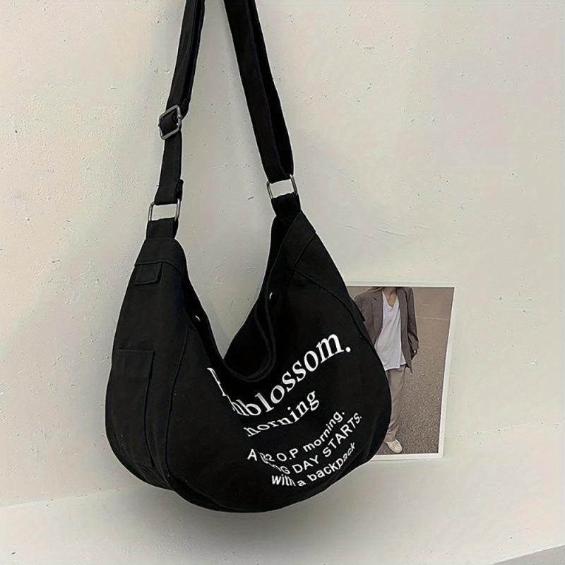 Canvas Hobo Bag Casual Letter Print Shoulder Bag Large Capacity