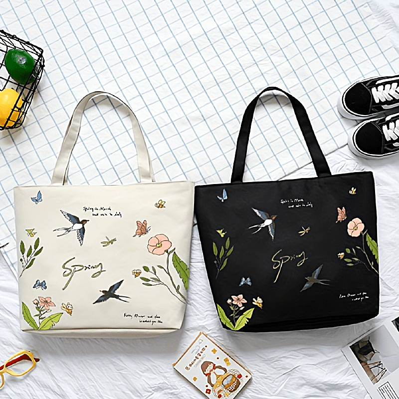 Flower & Butterfly Print Tote Bag Canvas Shoulder Large Shopping Bag