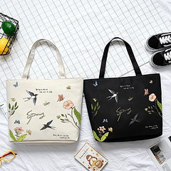Flower & Butterfly Print Tote Bag Canvas Shoulder Large Shopping Bag