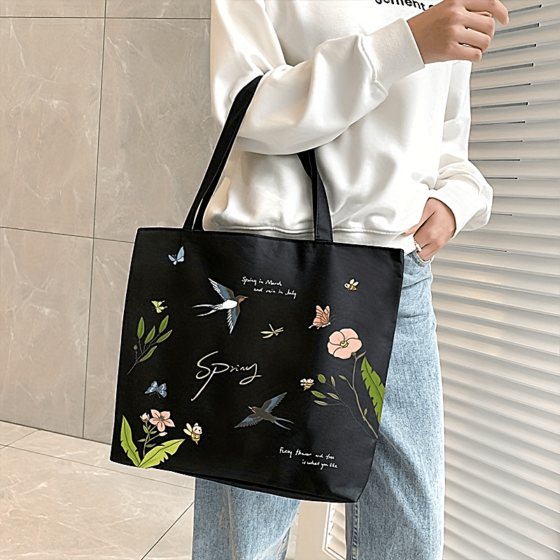 Flower & Butterfly Print Tote Bag Canvas Shoulder Large Shopping Bag