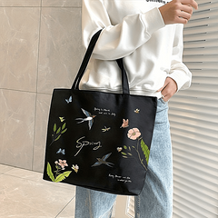 Flower & Butterfly Print Tote Bag Canvas Shoulder Large Shopping Bag
