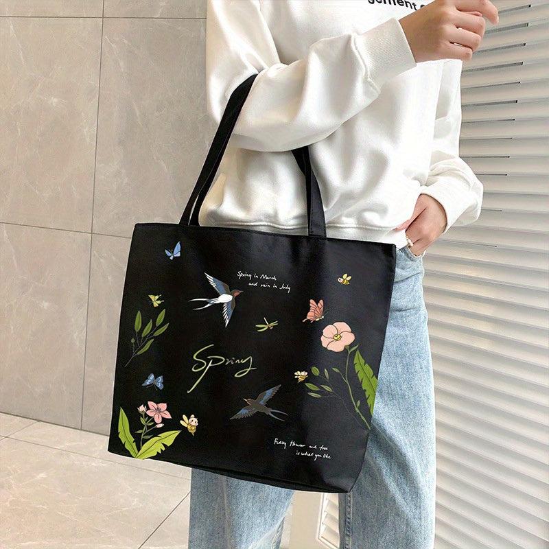Flower & Butterfly Print Tote Bag Canvas Shoulder Large Shopping Bag