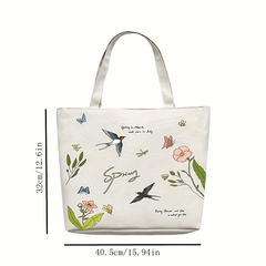 Flower & Butterfly Print Tote Bag Canvas Shoulder Large Shopping Bag