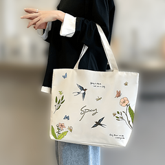 Flower & Butterfly Print Tote Bag Canvas Shoulder Large Shopping Bag