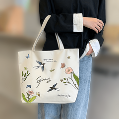 Flower & Butterfly Print Tote Bag Canvas Shoulder Large Shopping Bag