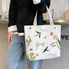 Flower & Butterfly Print Tote Bag Canvas Shoulder Large Shopping Bag