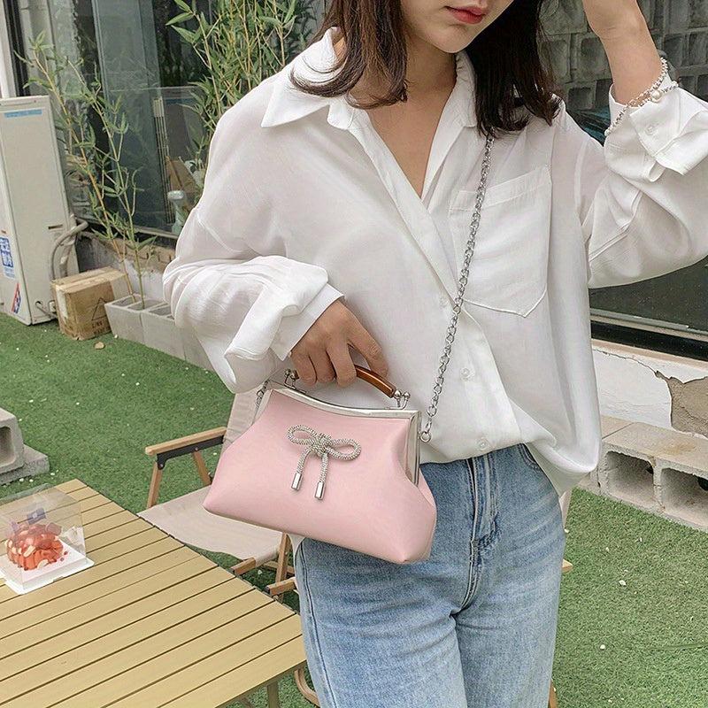 Pink Bow Decor Crossbody Bag Rhinestone Shoulder Bag Sweet Handbag