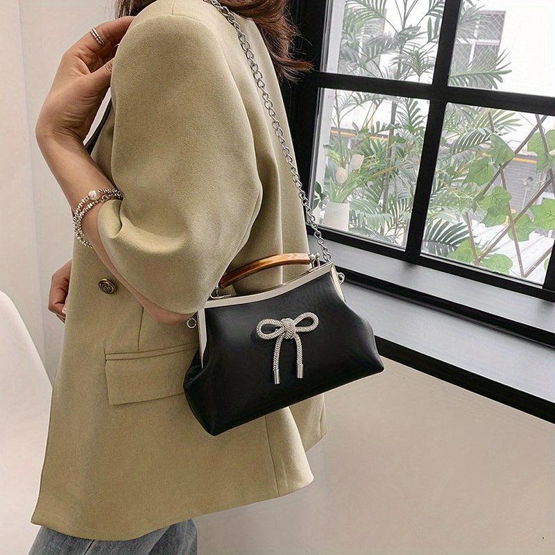Pink Bow Decor Crossbody Bag Rhinestone Shoulder Bag Sweet Handbag