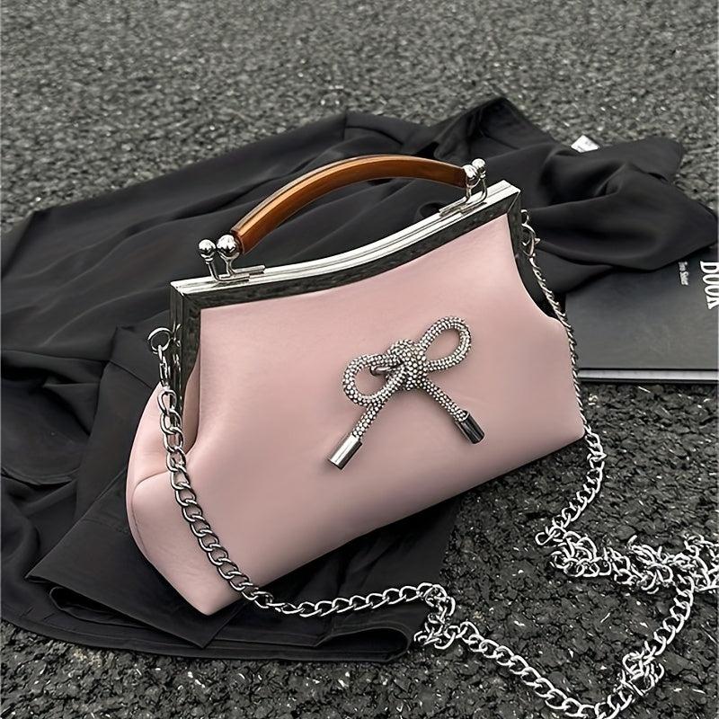 Pink Bow Decor Crossbody Bag Rhinestone Shoulder Bag Sweet Handbag