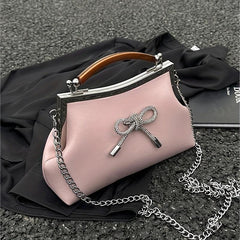 Pink Bow Decor Crossbody Bag Rhinestone Shoulder Bag Sweet Handbag