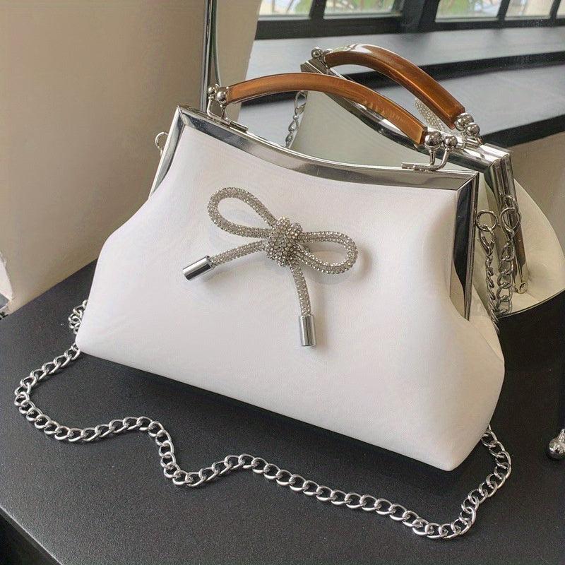 Pink Bow Decor Crossbody Bag Rhinestone Shoulder Bag Sweet Handbag