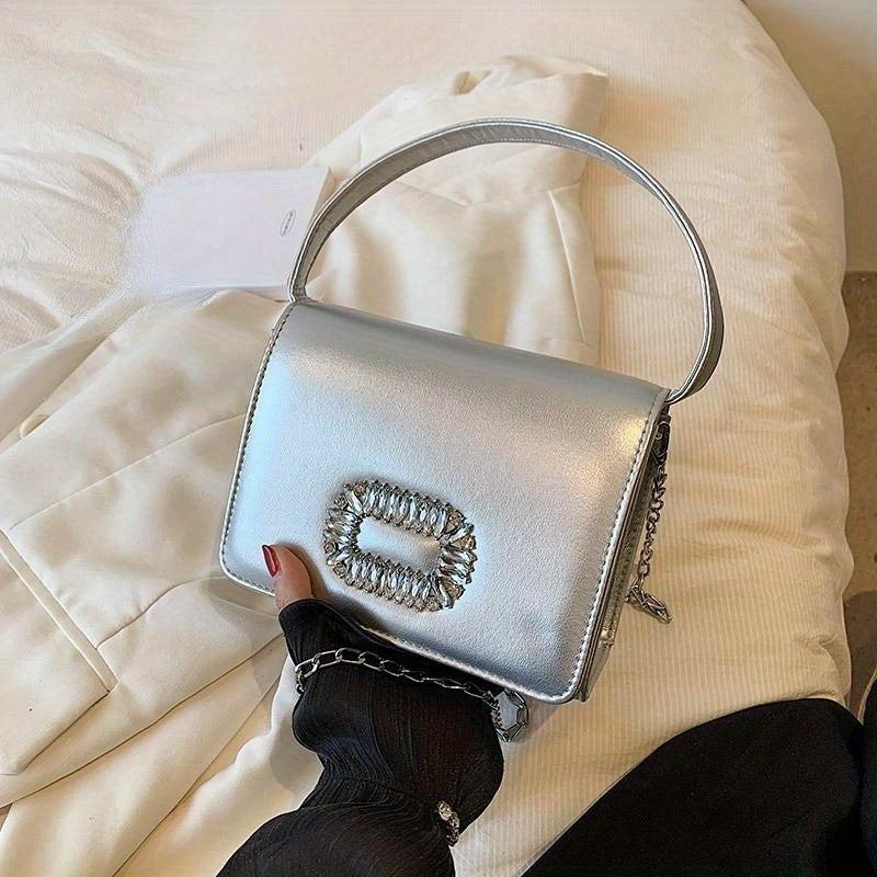 Square Flap Shoulder Bag Rhinestone Decor Handbag