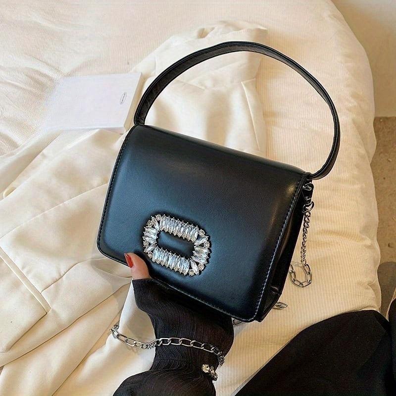 Square Flap Shoulder Bag Rhinestone Decor Handbag