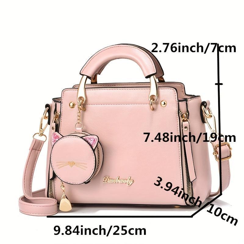 Cartoon Cat Pendant Handbag Zipper Crossbody Bag Women's Satchel Bag