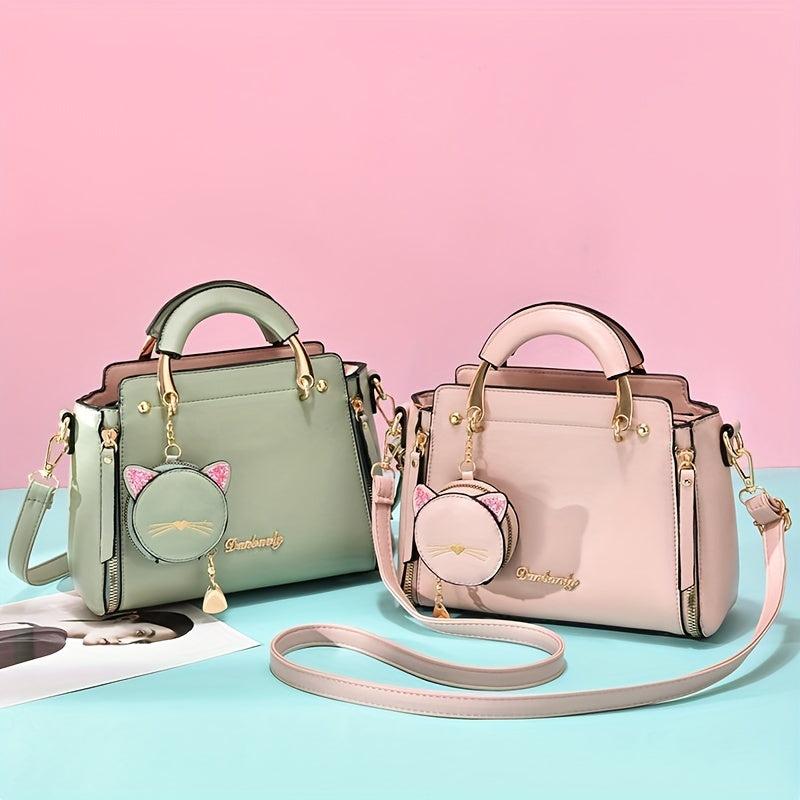 Cartoon Cat Pendant Handbag Zipper Crossbody Bag Women's Satchel Bag