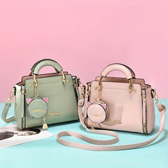 Cartoon Cat Pendant Handbag Zipper Crossbody Bag Women's Satchel Bag