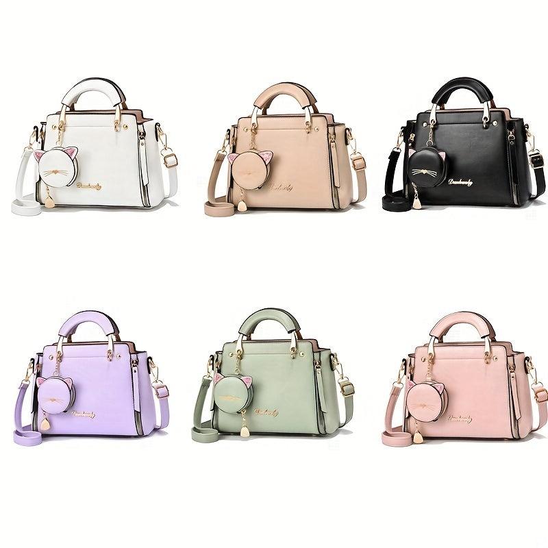 Cartoon Cat Pendant Handbag Zipper Crossbody Bag Women's Satchel Bag