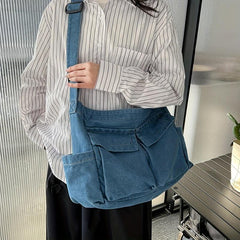 Large Capacity Denim Crossbody Bag Solid Shoulder Bag With Pockets