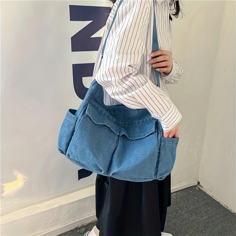 Large Capacity Denim Crossbody Bag Solid Shoulder Bag With Pockets