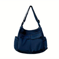 Large Capacity Denim Crossbody Bag Solid Shoulder Bag With Pockets