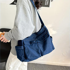 Large Capacity Denim Crossbody Bag Solid Shoulder Bag With Pockets