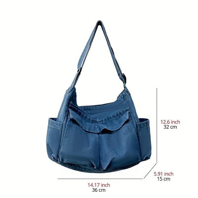 Large Capacity Denim Crossbody Bag Solid Shoulder Bag With Pockets
