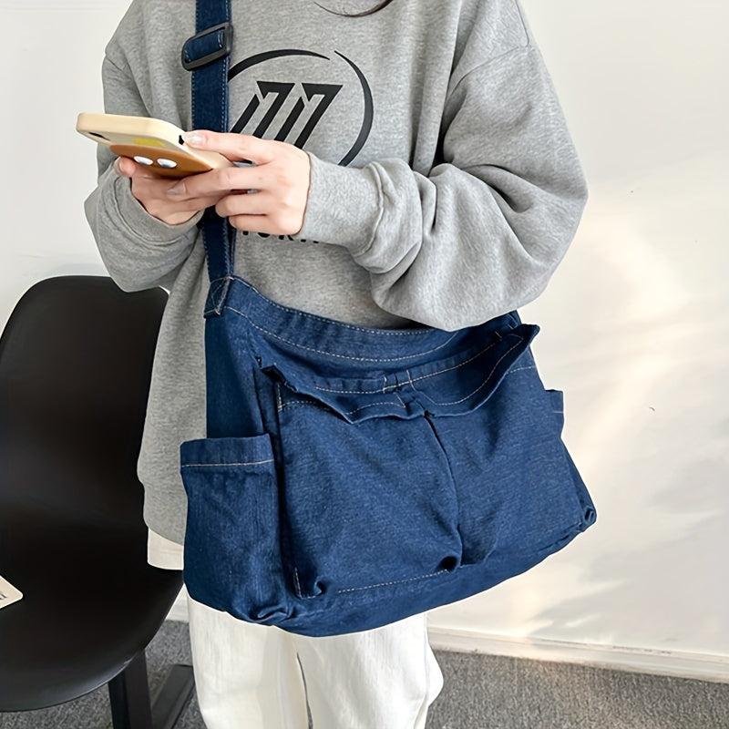 Large Capacity Denim Crossbody Bag Solid Shoulder Bag With Pockets