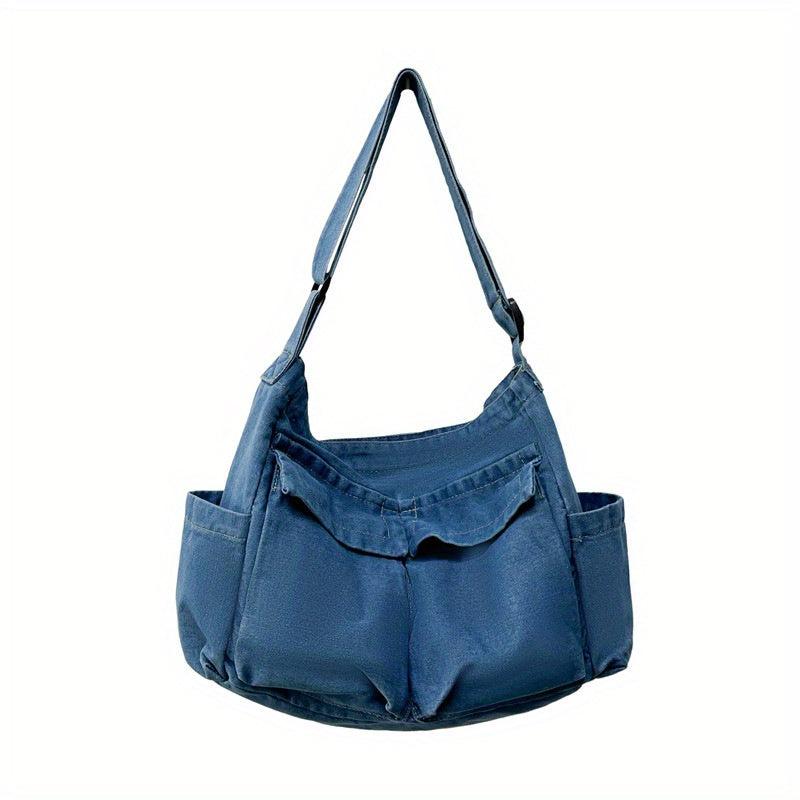 Large Capacity Denim Crossbody Bag Solid Shoulder Bag With Pockets