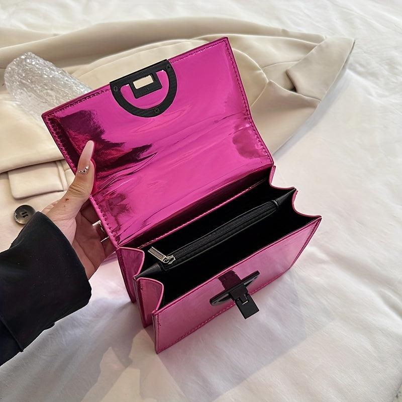 Patent Leather Mini Chain Crossbody Bag Metal Decor Shoulder Square Purse