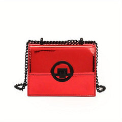Patent Leather Mini Chain Crossbody Bag Metal Decor Shoulder Square Purse