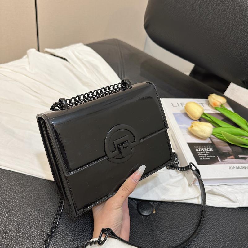 Patent Leather Mini Chain Crossbody Bag Metal Decor Shoulder Square Purse