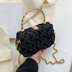 Metal Chain Handle Braided Fabric Crossbody Bag PU Leather Textured Box Bag