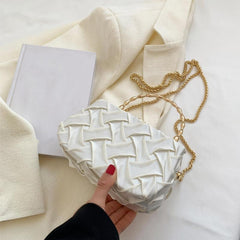Metal Chain Handle Braided Fabric Crossbody Bag PU Leather Textured Box Bag