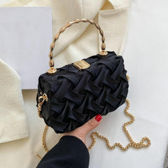 Metal Chain Handle Braided Fabric Crossbody Bag PU Leather Textured Box Bag