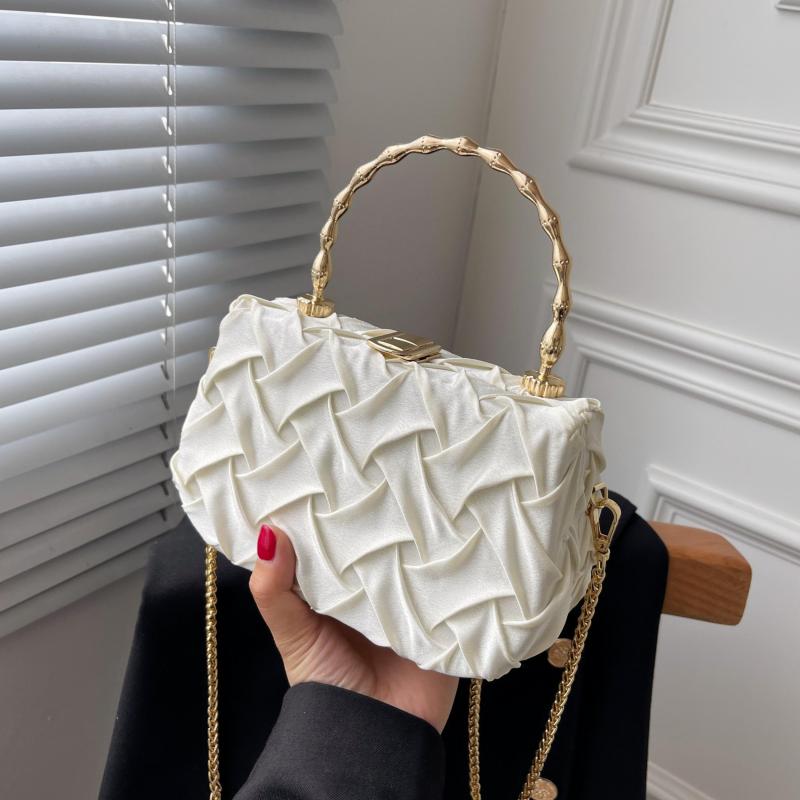 Metal Chain Handle Braided Fabric Crossbody Bag PU Leather Textured Box Bag