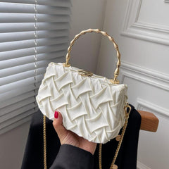 Metal Chain Handle Braided Fabric Crossbody Bag PU Leather Textured Box Bag