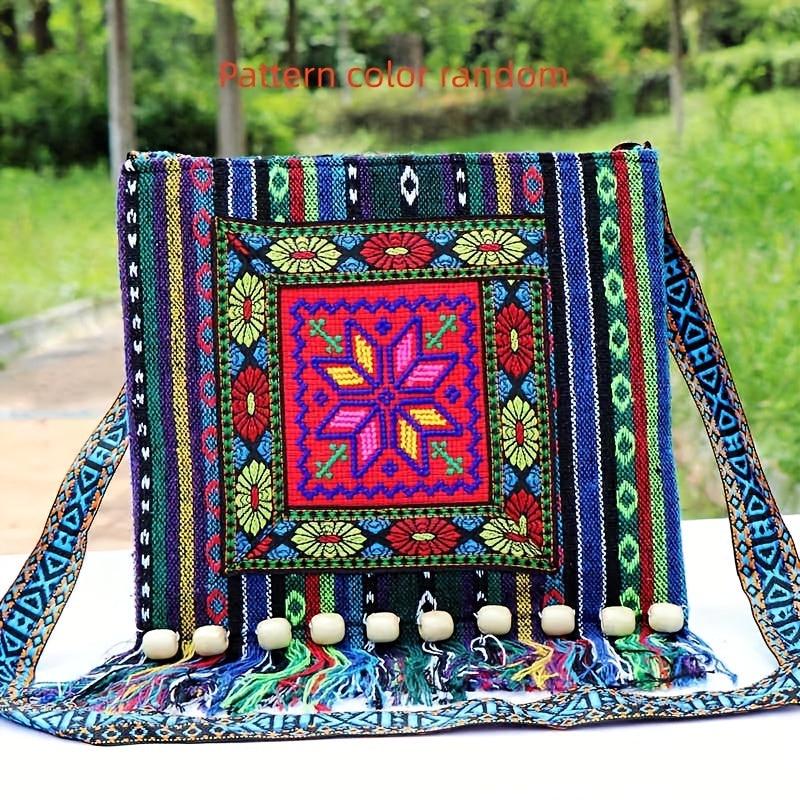 Ethnic Flower Embroidery Crossbody Bag Bohemian Canvas Shoulder Bag