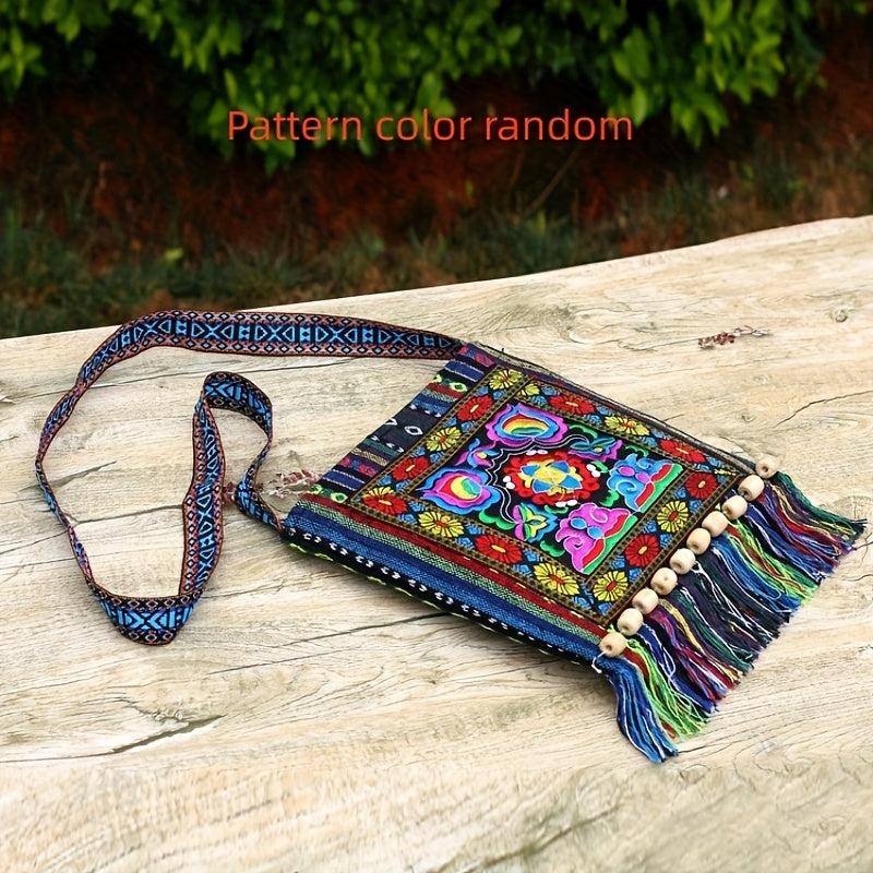 Ethnic Flower Embroidery Crossbody Bag Bohemian Canvas Shoulder Bag