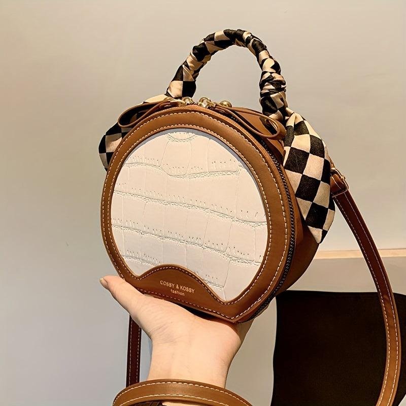 Stone Pattern Round Crossbody Bag Women's PU Leather Circle Purse