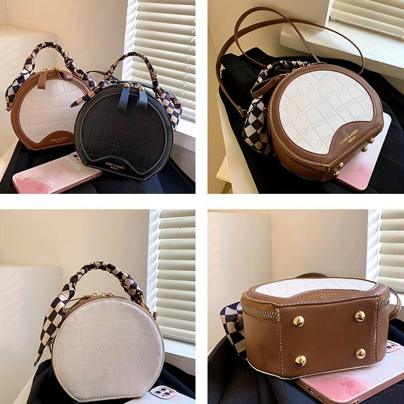 Stone Pattern Round Crossbody Bag Women's PU Leather Circle Purse