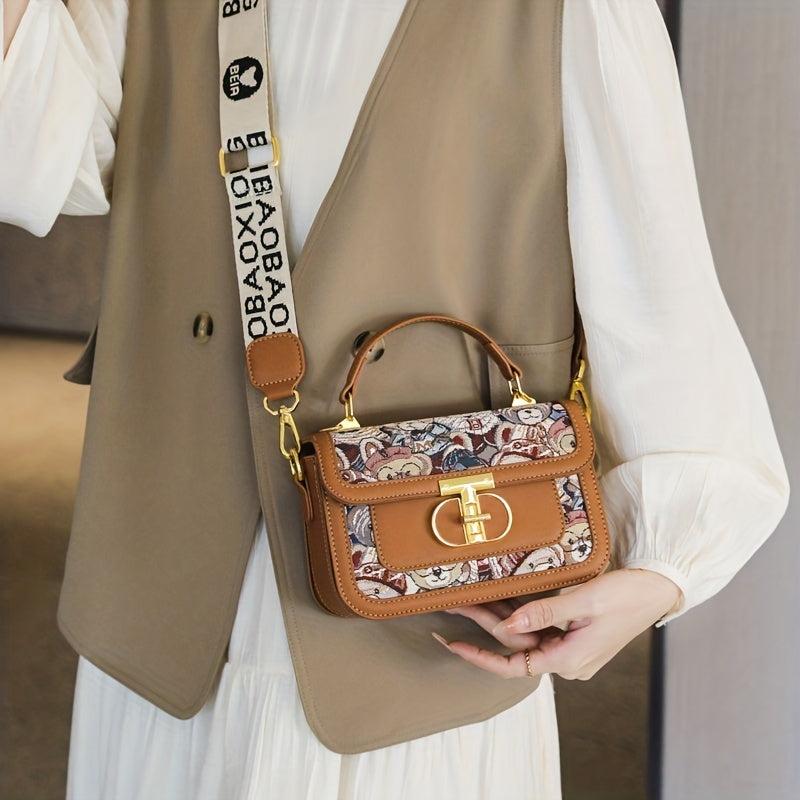 Bear Embroidery Square Handbag Crossbody Bag Vintage Flap Purse Women